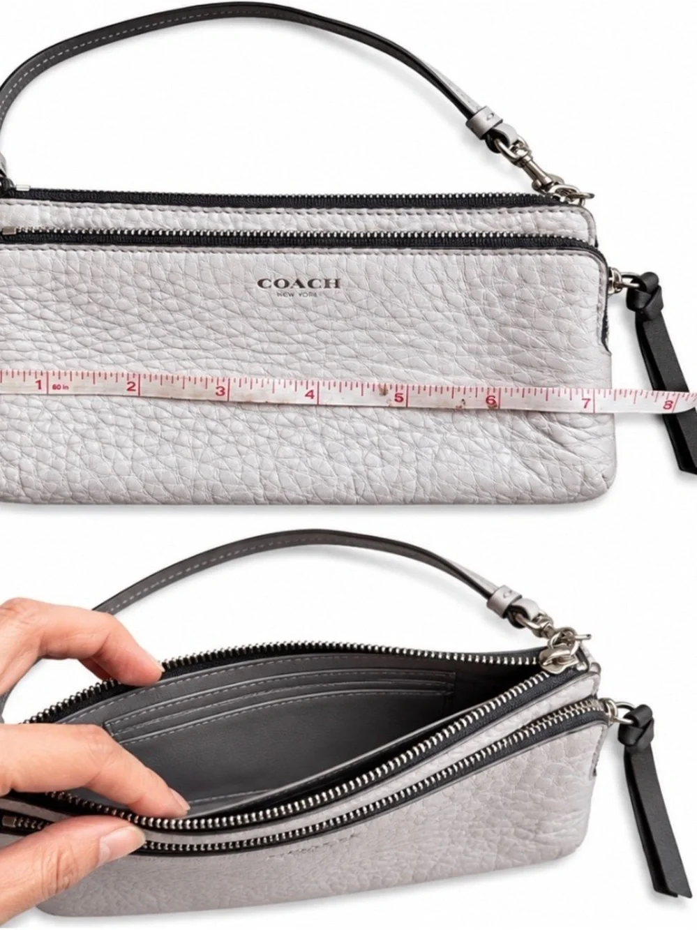 Coach Silver Pebbled Leather Double Zip Wristlet